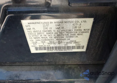 2008 Nissan Altima 2.5 S z USA, uszkodzony, nr VIN 1N4AL21E68N460303